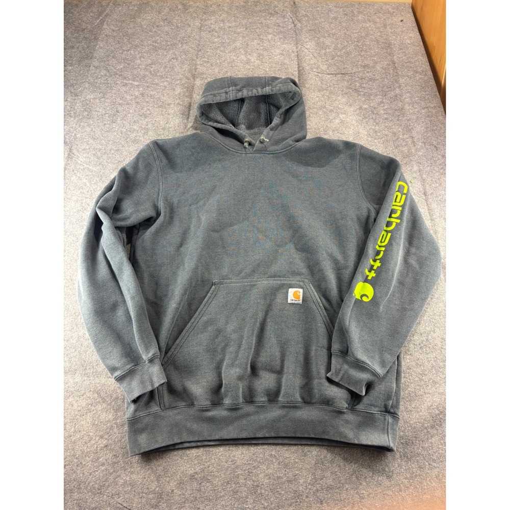 Carhartt Mens L Tall Gray Neon Green Sleeve Logo Original Fit Hoodie Sweatshirt